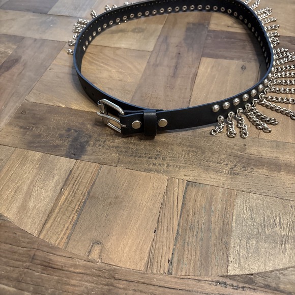 Manzoor Cascading Waterfall Hanging Chain Belt Black Leather Size M Biker Goth - Picture 2 of 5